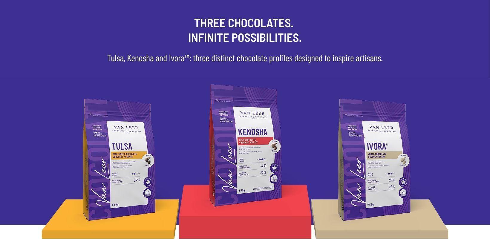 Bags of Van Leer Tulsa, Kenosha, and Ivora Chocolate
